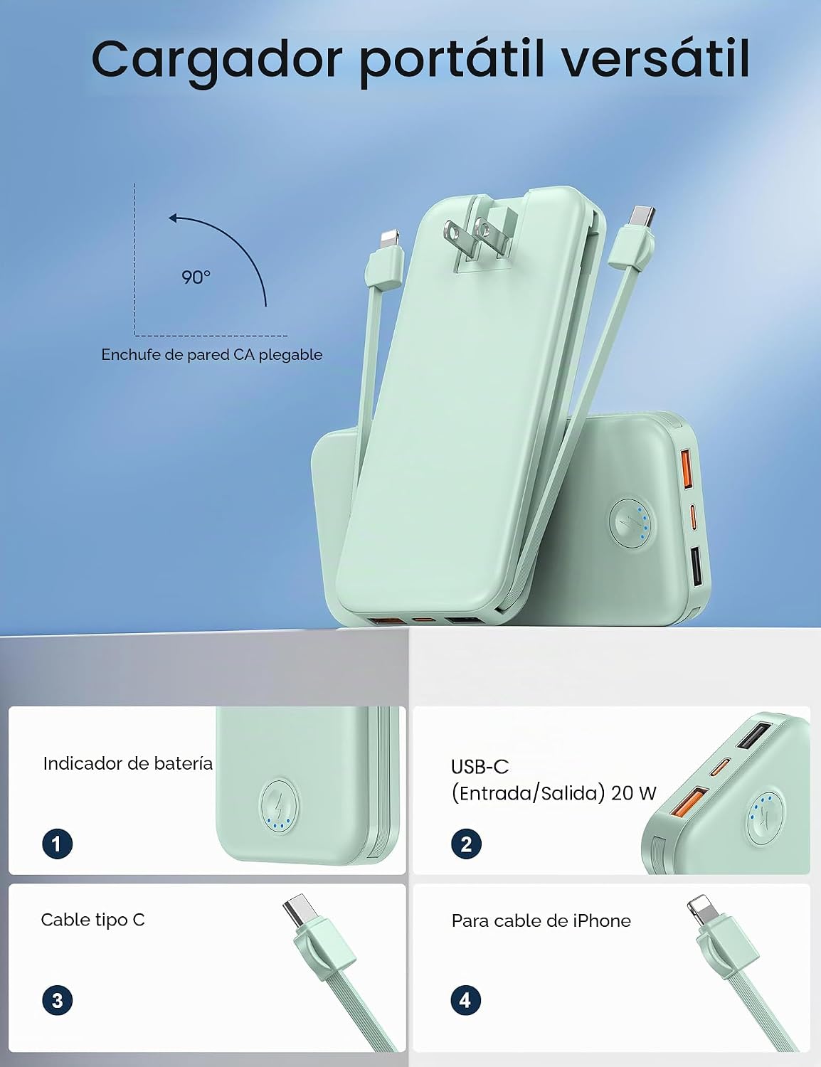 Nusyddy Cargador portátil 10000mAh de carga rápida w\/incorporado e...