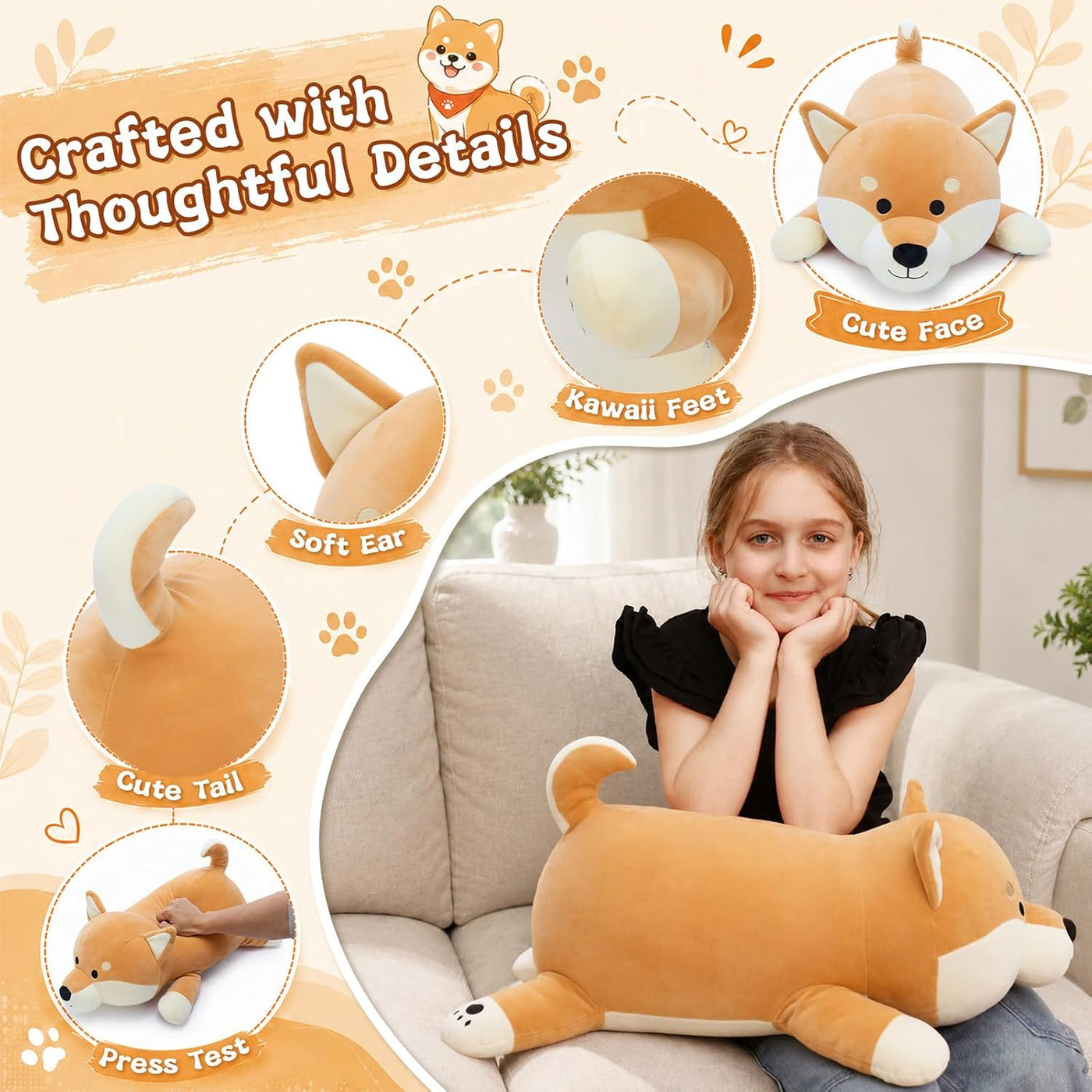 MorisMos Lindo animal de peluche Shiba Inu de 23.6 pulgadas, almoha...