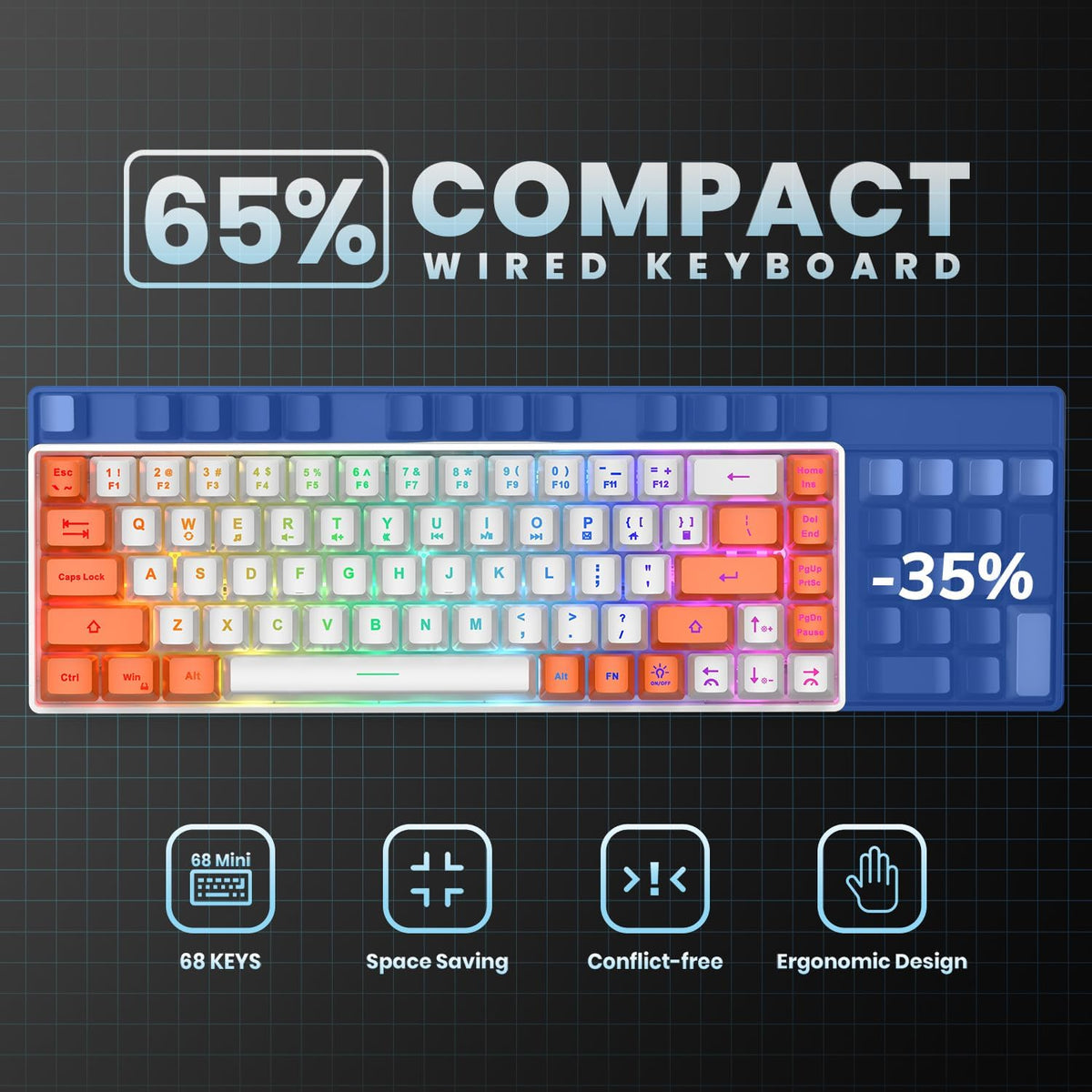 GEODMAER Teclado para juegos 65%, mini teclado con cable retroilumi...