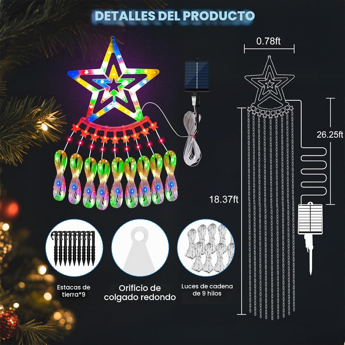 AMIPEPE - Luces solares para árbol de Navidad, 18.37 pies, 532 LED,...