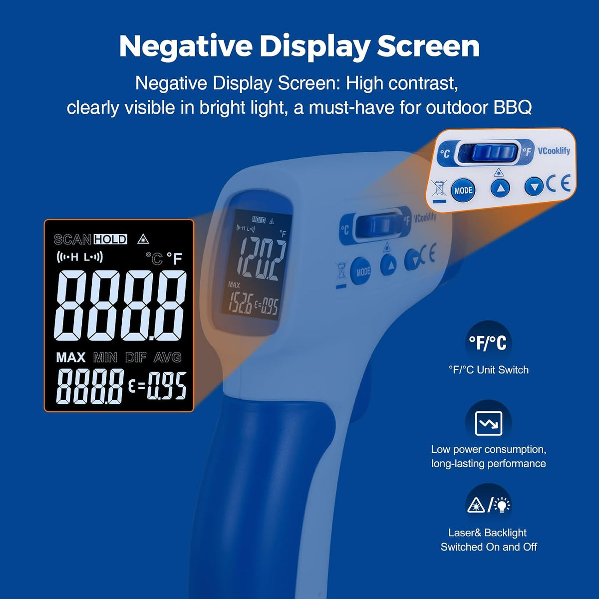 VCooklify Ring Laser DS20:1 Termómetro infrarrojo Pistola de temper...