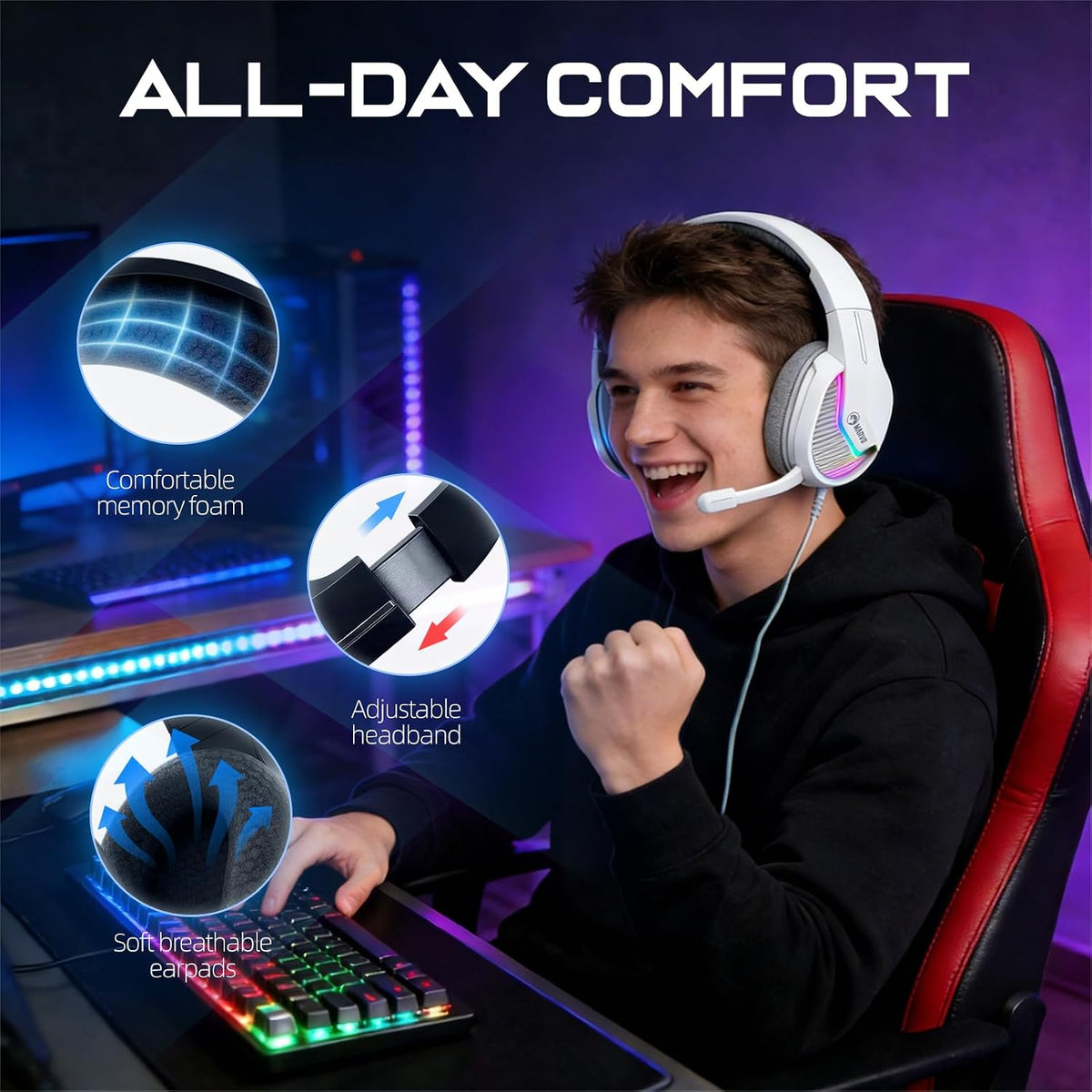 MARVO Auriculares USB para juegos con micrófono, auriculares con ca...