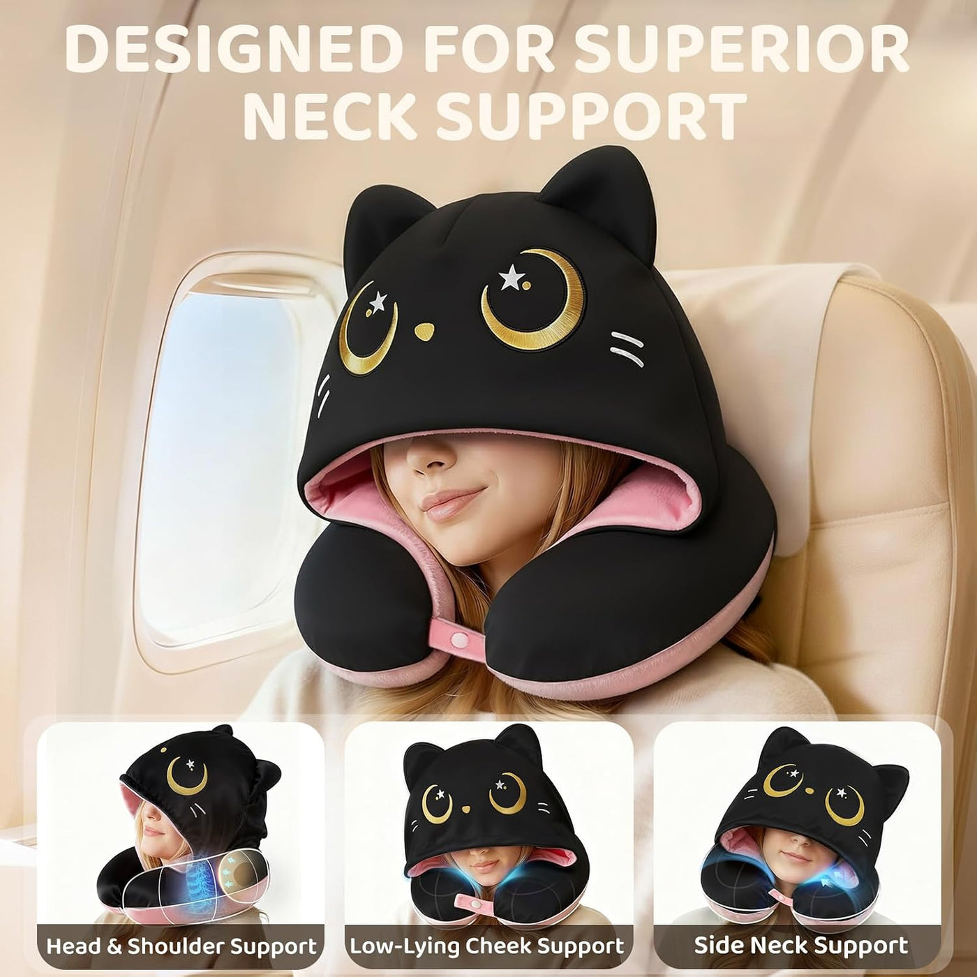 Mewaii Almohada de viaje para el cuello, almohada de avión con capu...