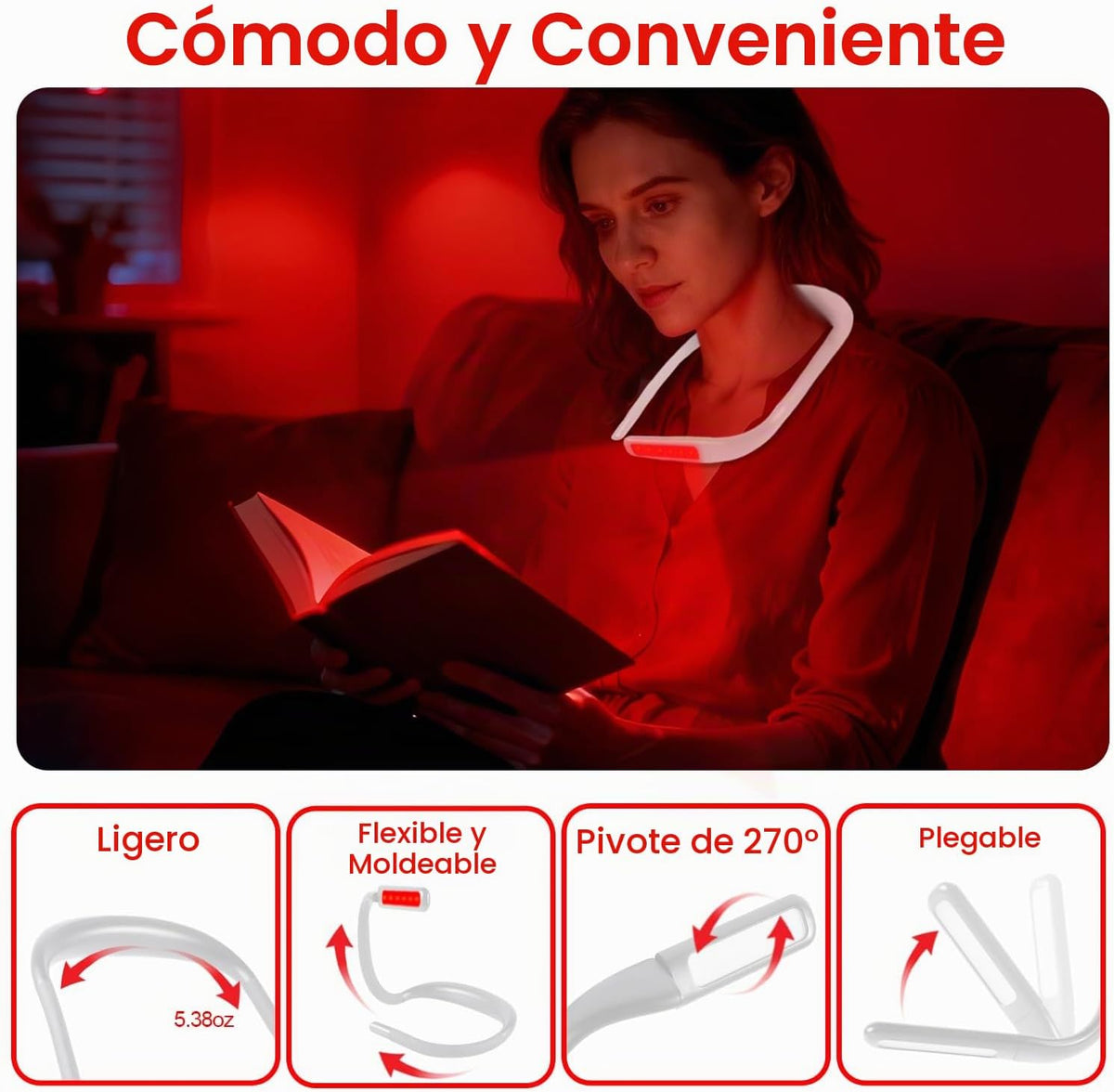 Finezeal Luz de lectura de cuello rojo de 630 nm, recargable, regul...
