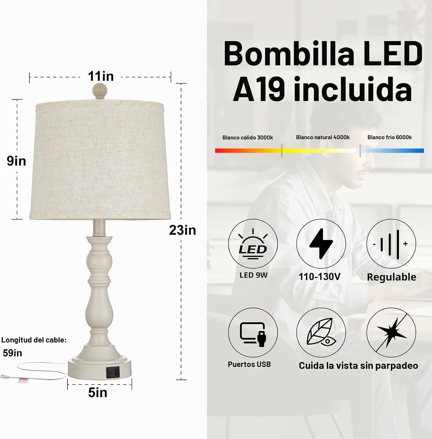 Leasgy Juego de 2 lámparas de mesa auxiliar de granja para sala de...