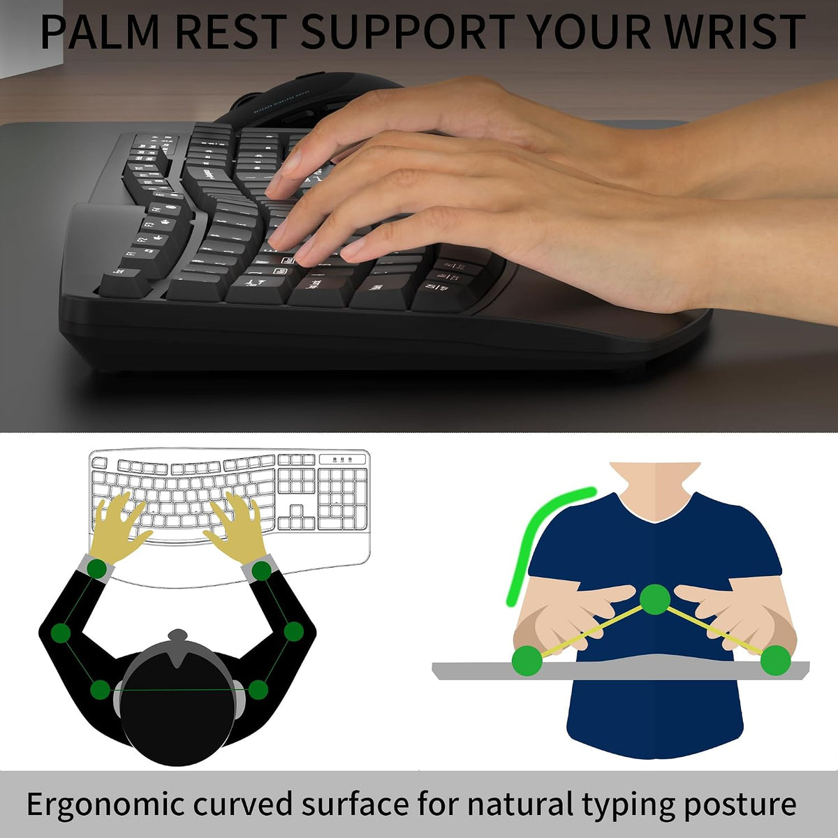 Combo de teclado y mouse inalámbricos, teclas onduladas de tamaño c...