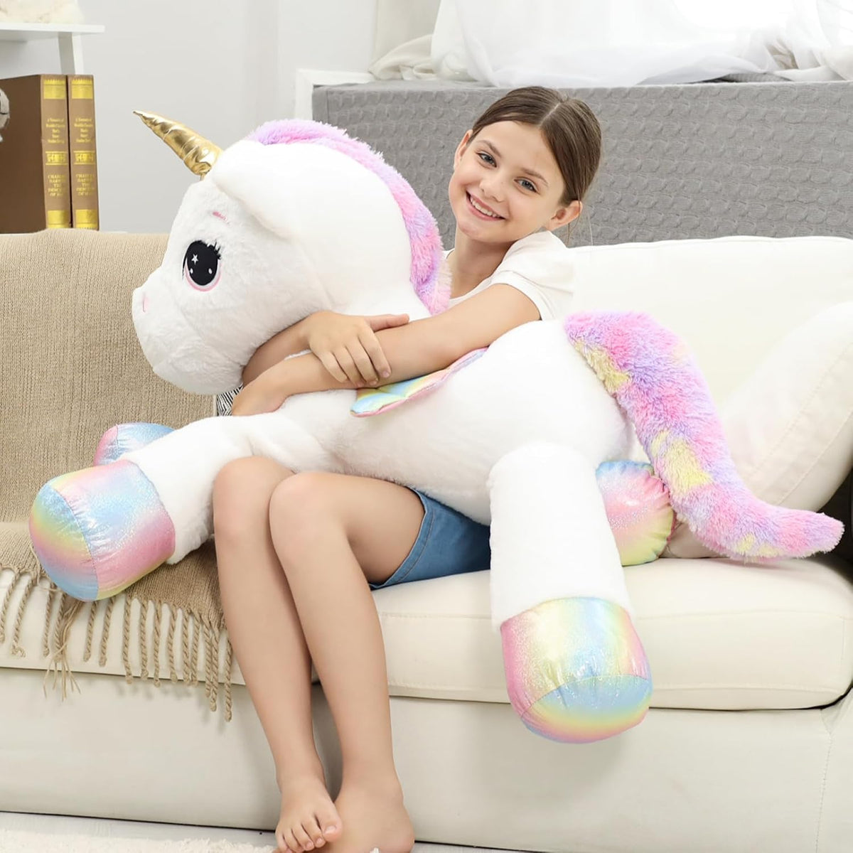 FFxiong Almohada de peluche gigante de unicornio de 44 pulgadas, li...