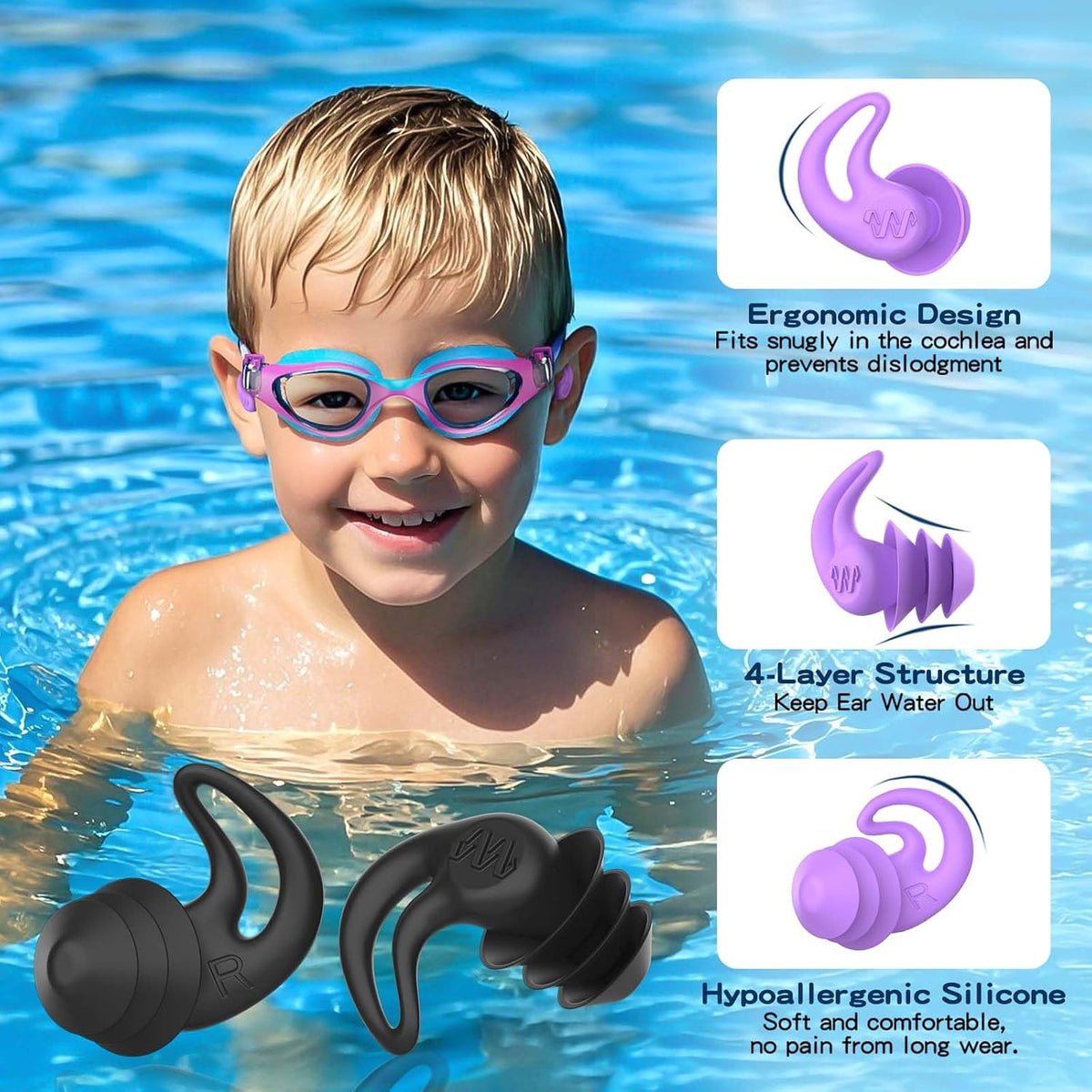 Tapones para los oídos de natación para adultos y niños, 4 pares de...