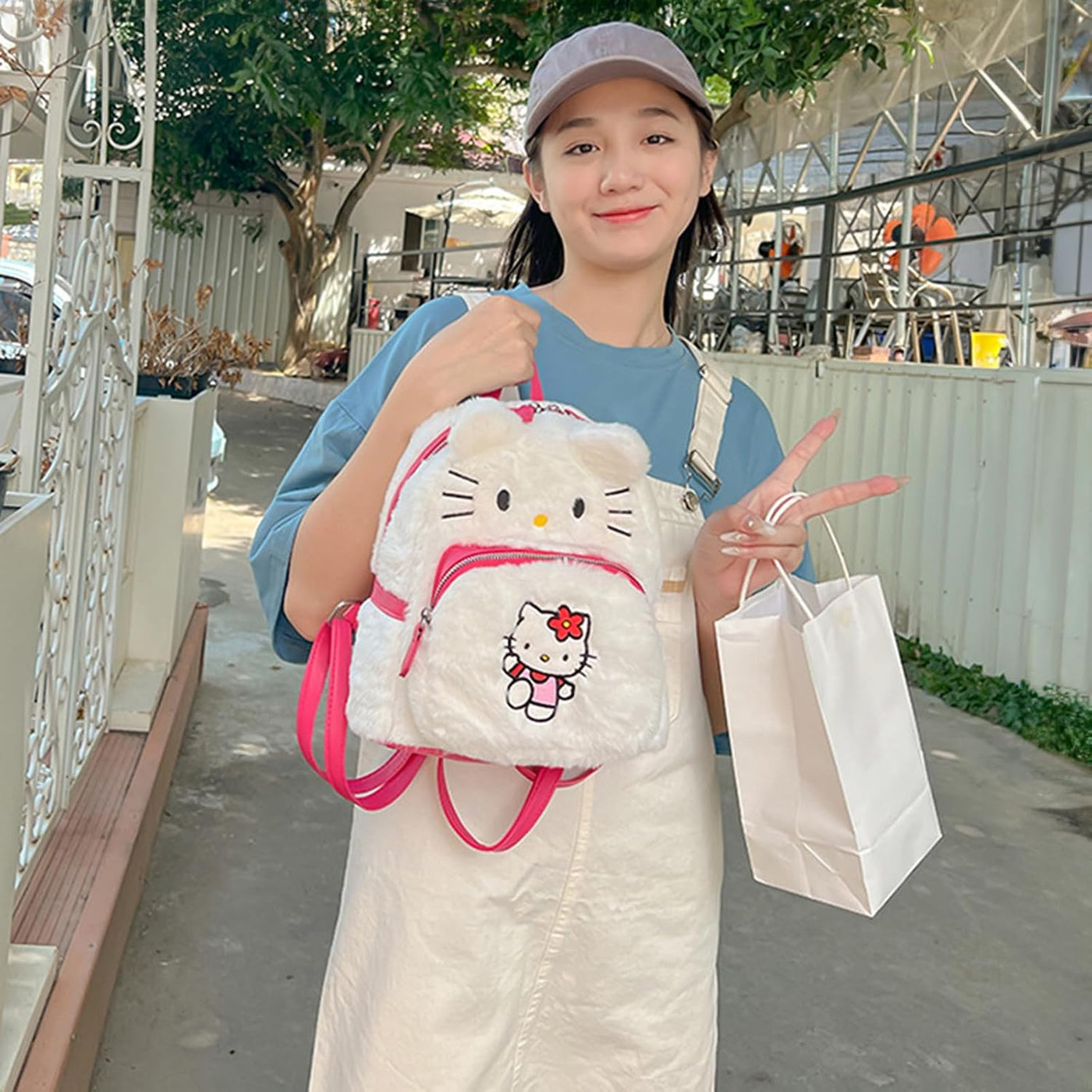 Bonita mochila de felpa, mini bolsa de hombro con doble correa de d...