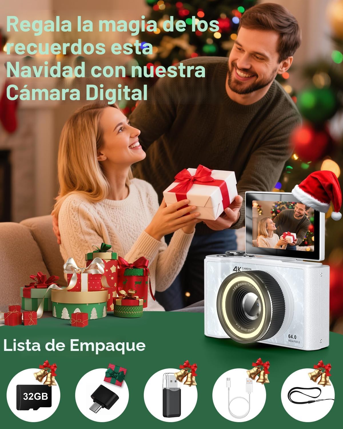 W &amp; O Cámara digital 4K para fotografía, cámara digital con pan...