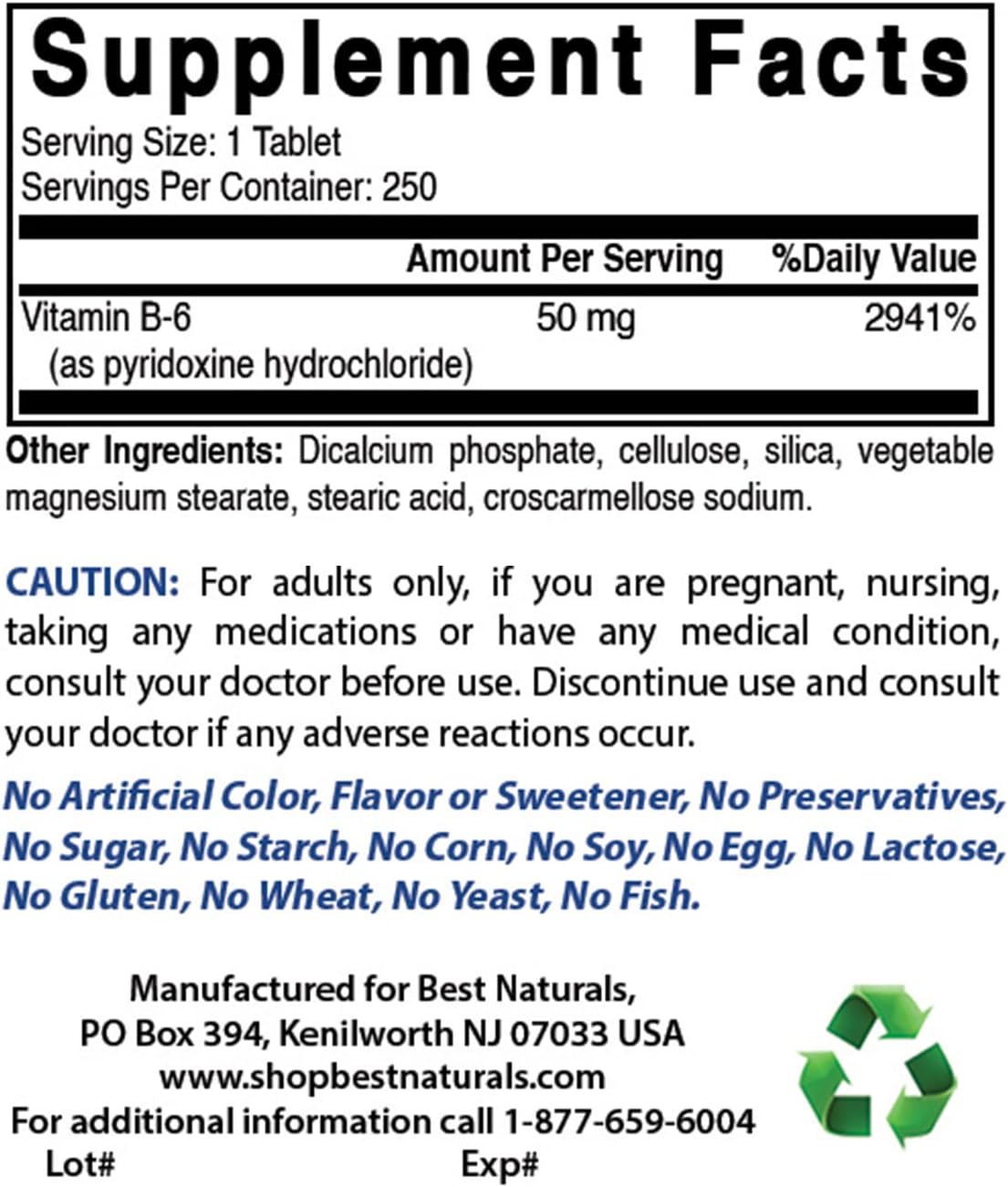 Best Naturals Vitamina B6 50 mg 250 tabletas (250 unidades (paquete...