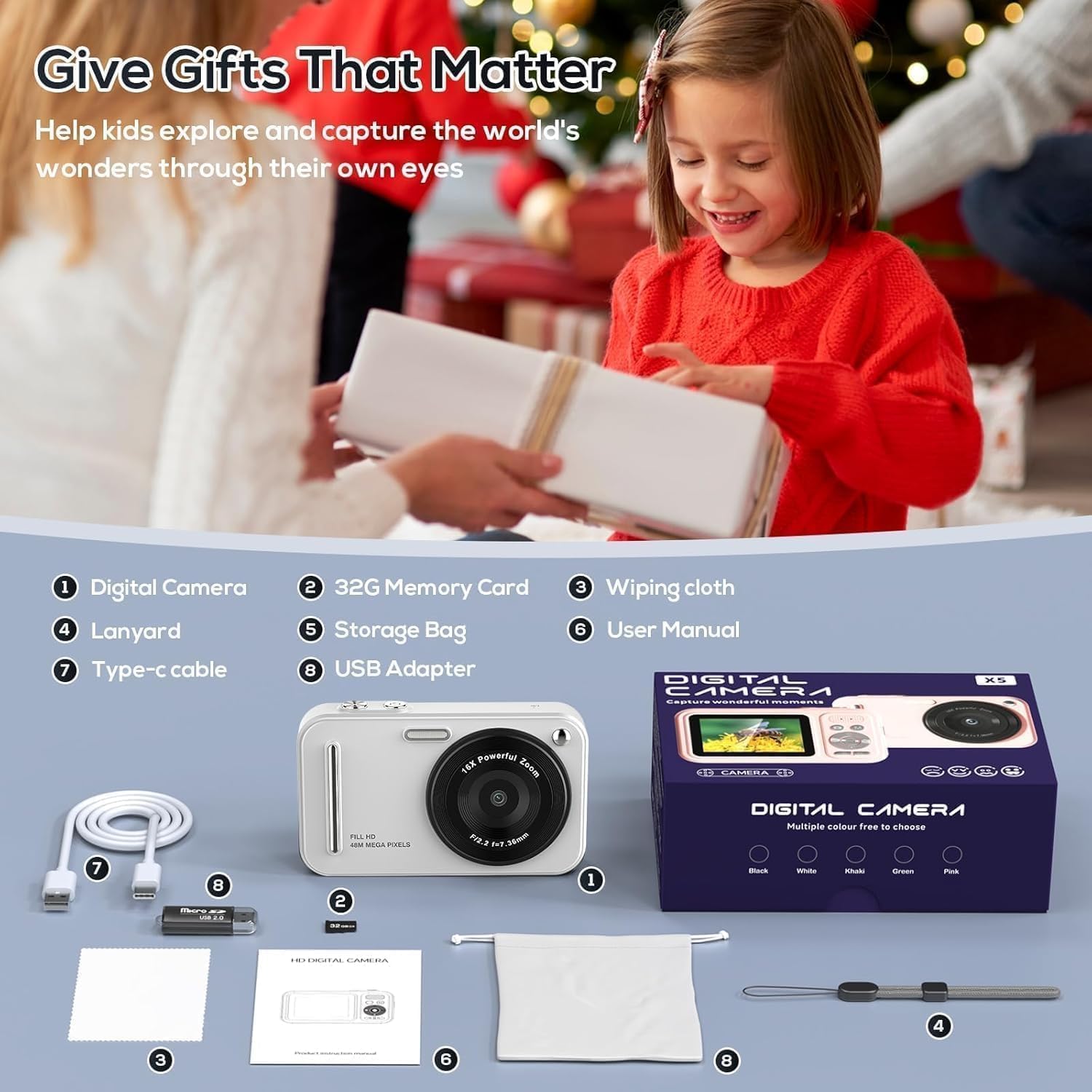 Cámara digital para niños, cámaras digitales de 48 MP FHD 1080P par...