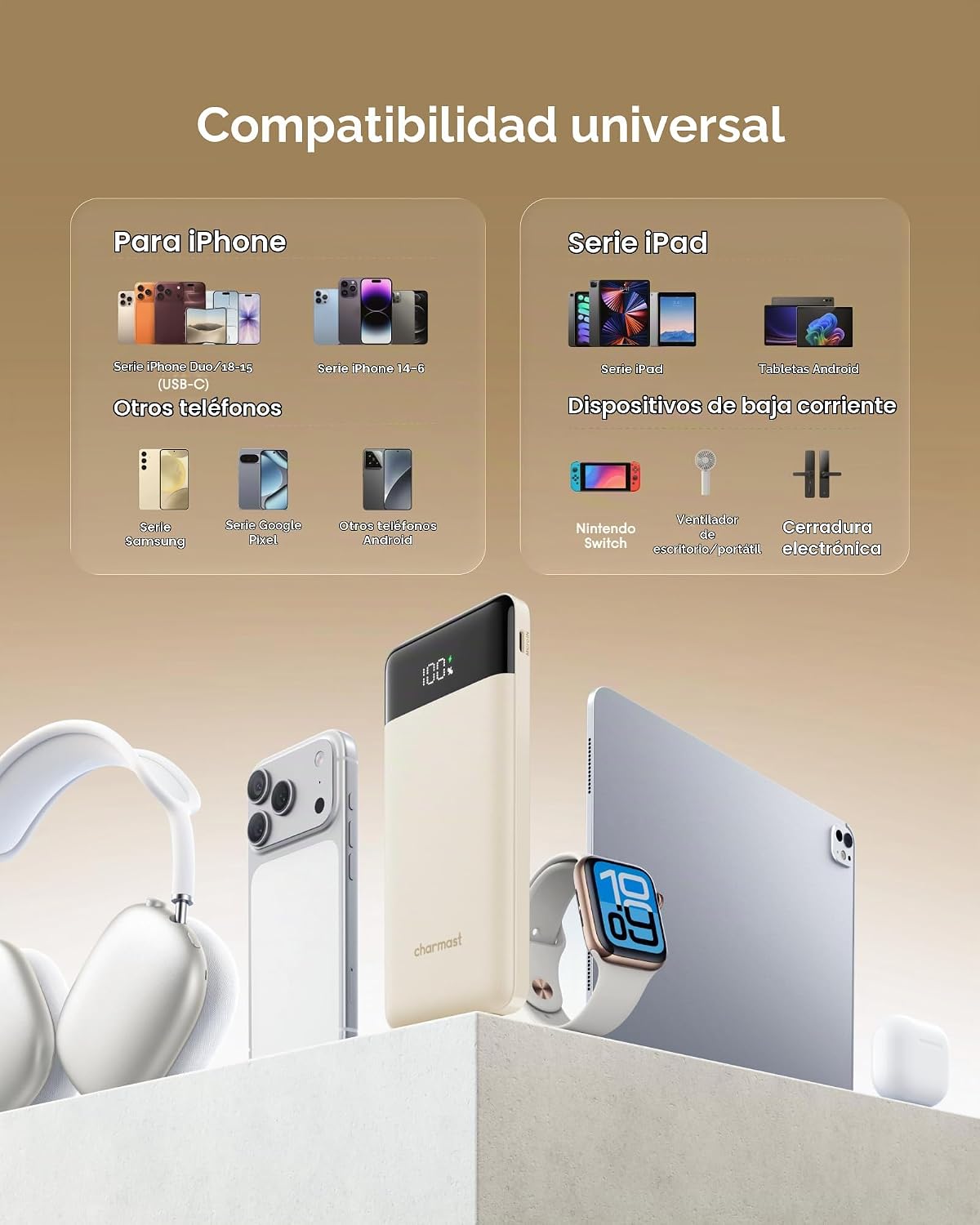 charmast Cargador portátil de carga rápida, 4 cables incorporados,...