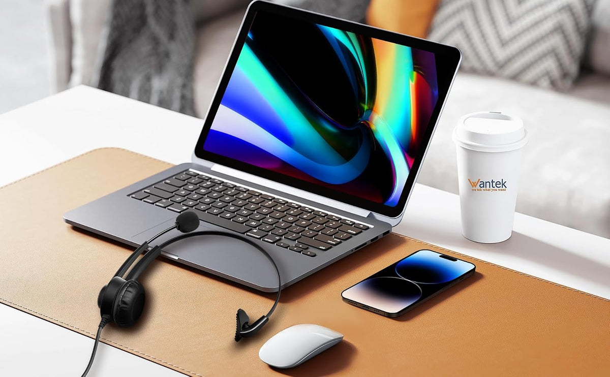Wantek Auriculares USB con cable monoaural con micrófono de cancela...