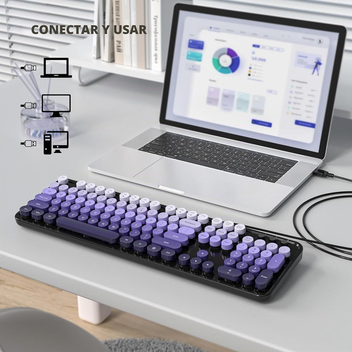 MOWUX Teclado de computadora con cable, teclado USB redondo retro P...