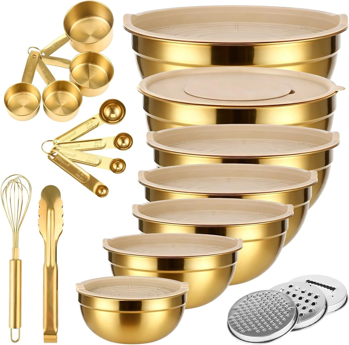 Tideme Juego de 20 cuencos dorados con tapas, 7 tazones para mezcla...