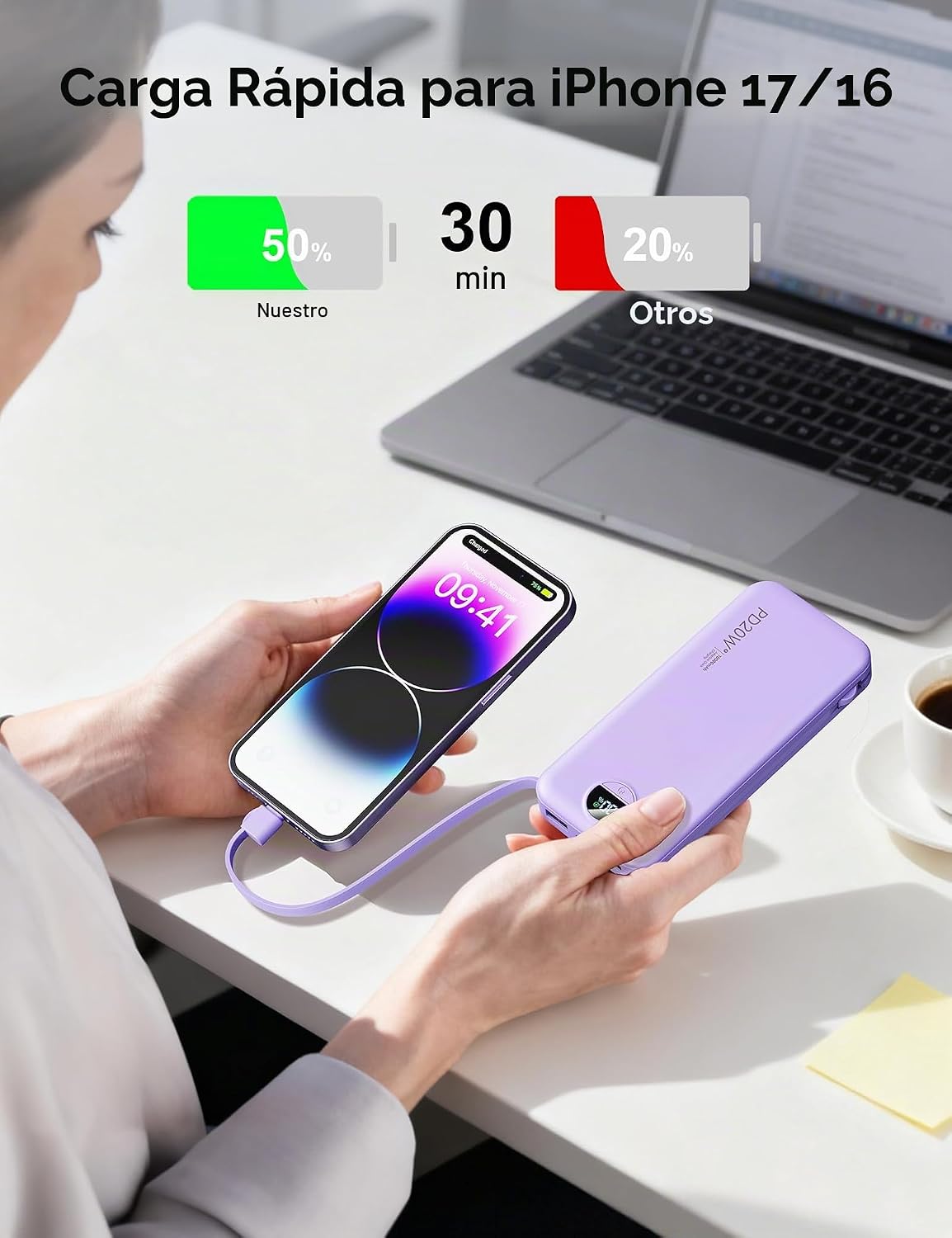 Cargador portátil Power Bank 10000mAh con cables integrados y enchu...