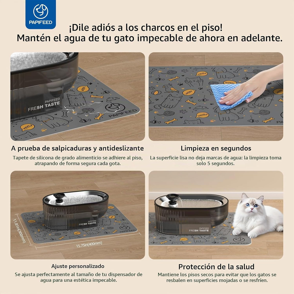 PAPIFEED Fuente de Agua para Gatos + Bandeja de Acero Inoxidable +...