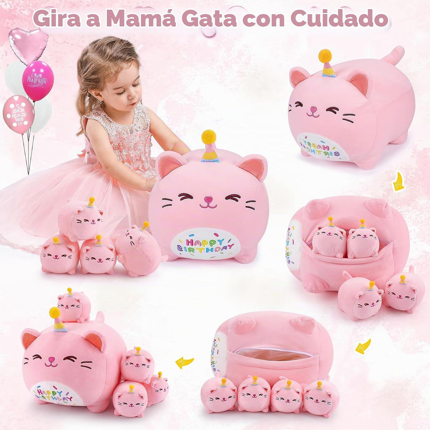 Peluche de Gato Rosa de Cumpleaños, 5 Piezas Familia de Animales de...
