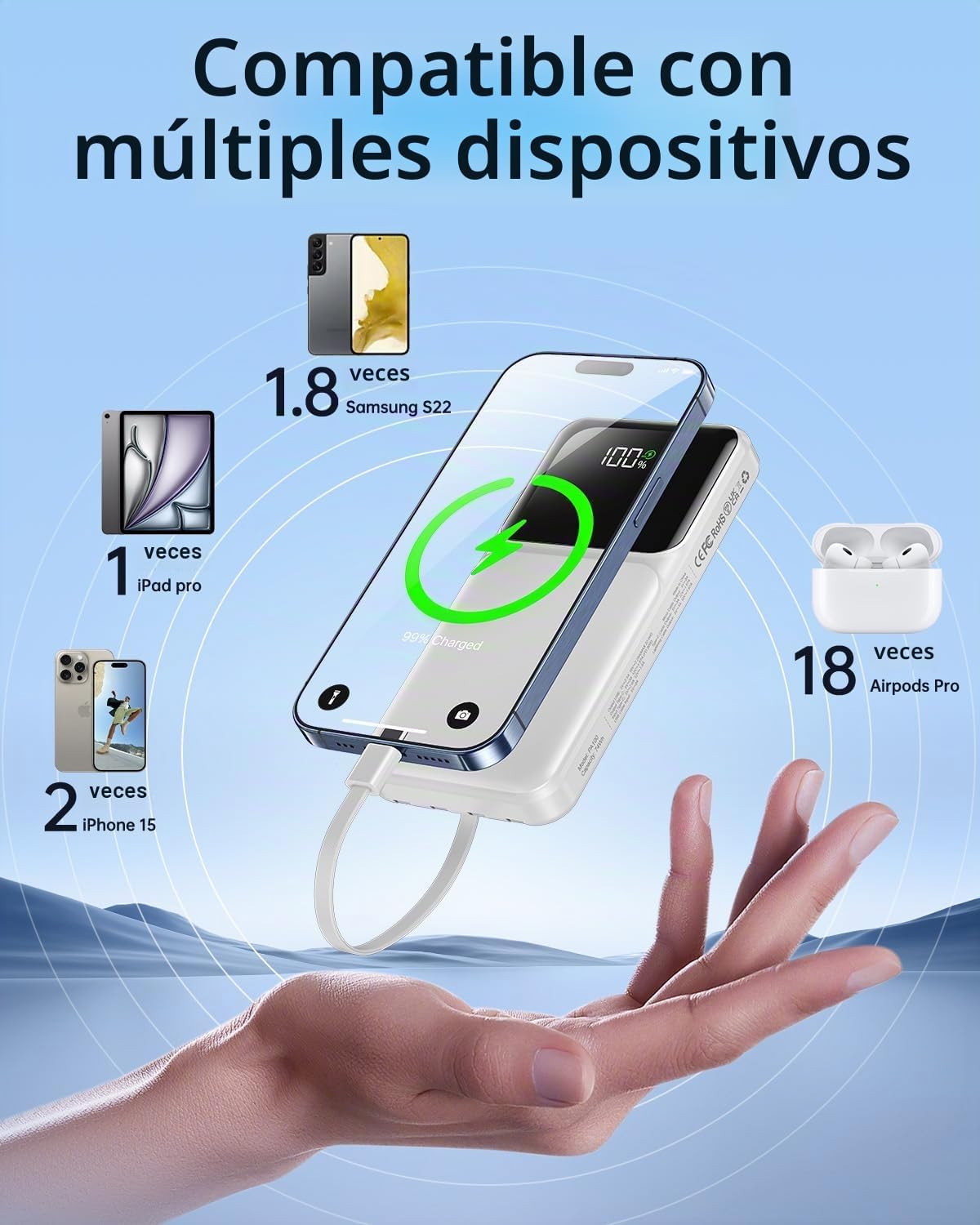 RONEGN Cargador portátil con cable integrado, cargador de batería d...
