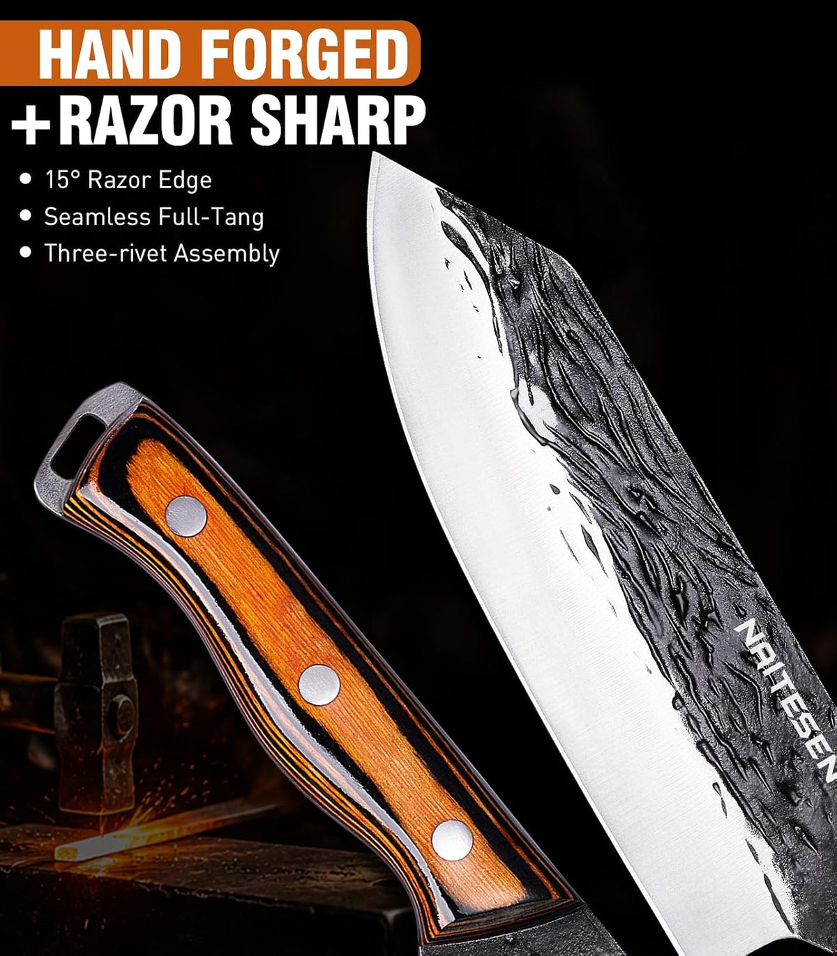 Naitesen 4 piezas de cuchillo de carnicero forjado a mano y cuchill...