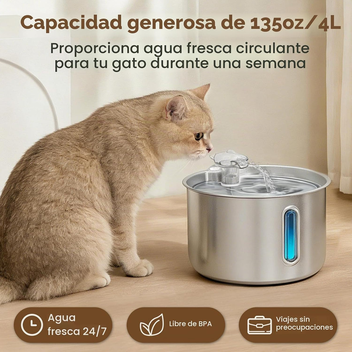 Fuente de agua de acero inoxidable para gatos, dispensador automáti...