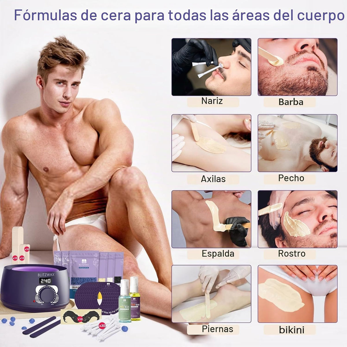 BLITZWAX Kit de depilación para hombres, calentador de cera dura de...