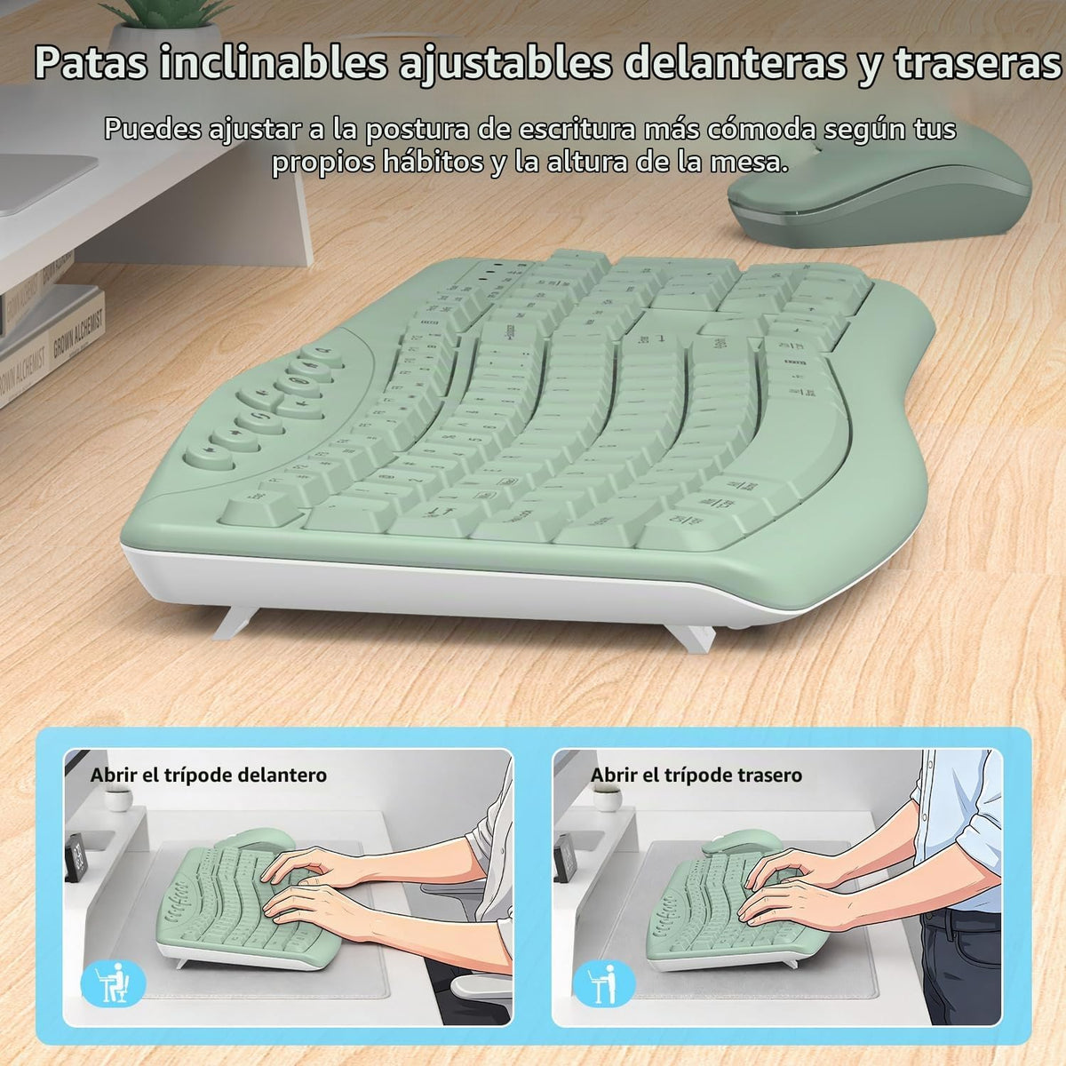 Combo de teclado y mouse inalámbricos, teclas curvas ergonómicas si...