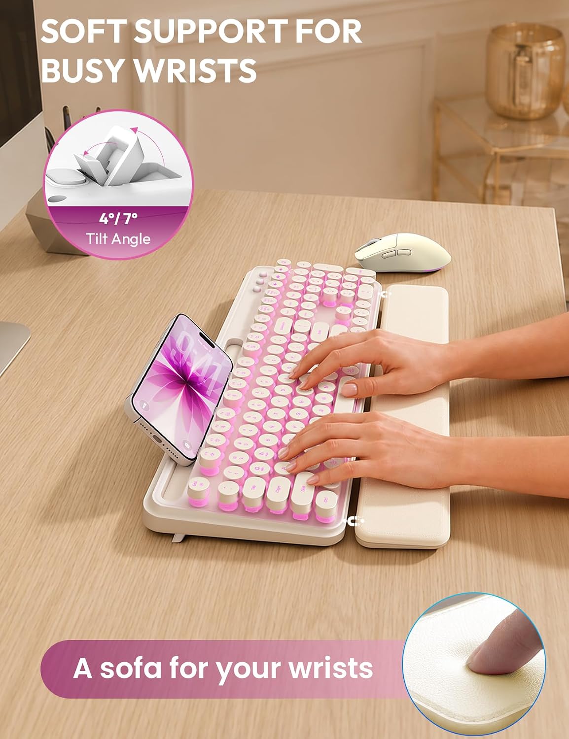 Teclado y mouse inalámbricos, máquina de escribir retroiluminada co...
