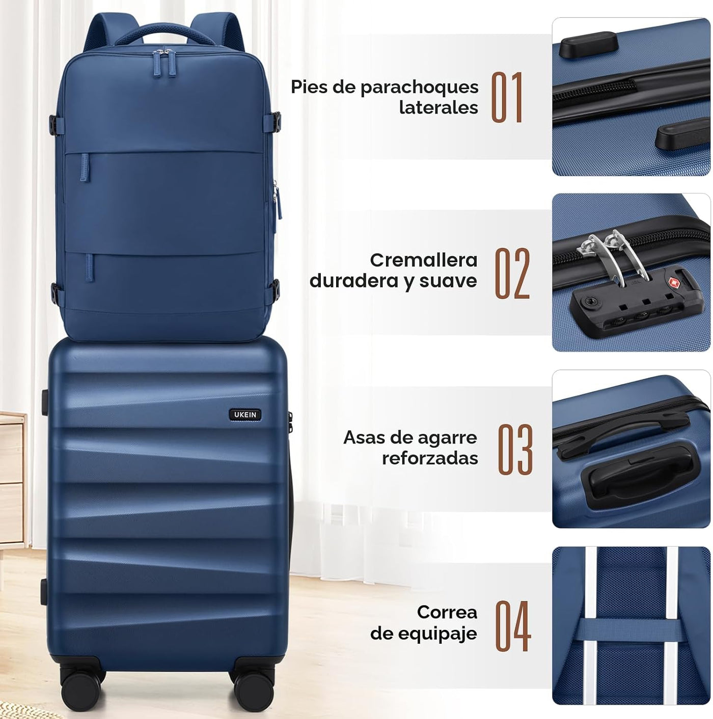 UKEIN - Juego de equipaje con mochila, equipaje de mano rígido apro...