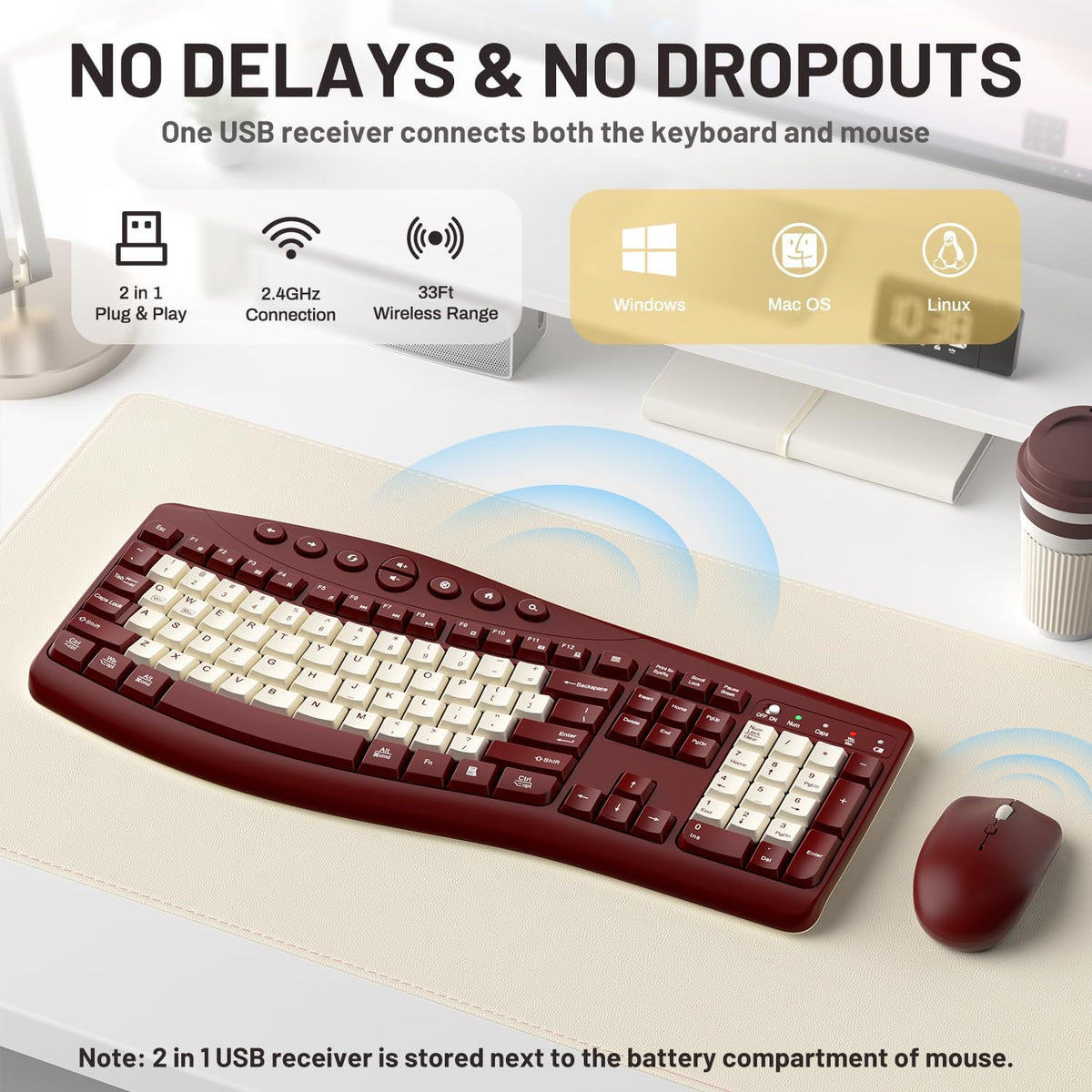 Teclado inalámbrico y ratón Combo silencioso ergonómico diseño curv...