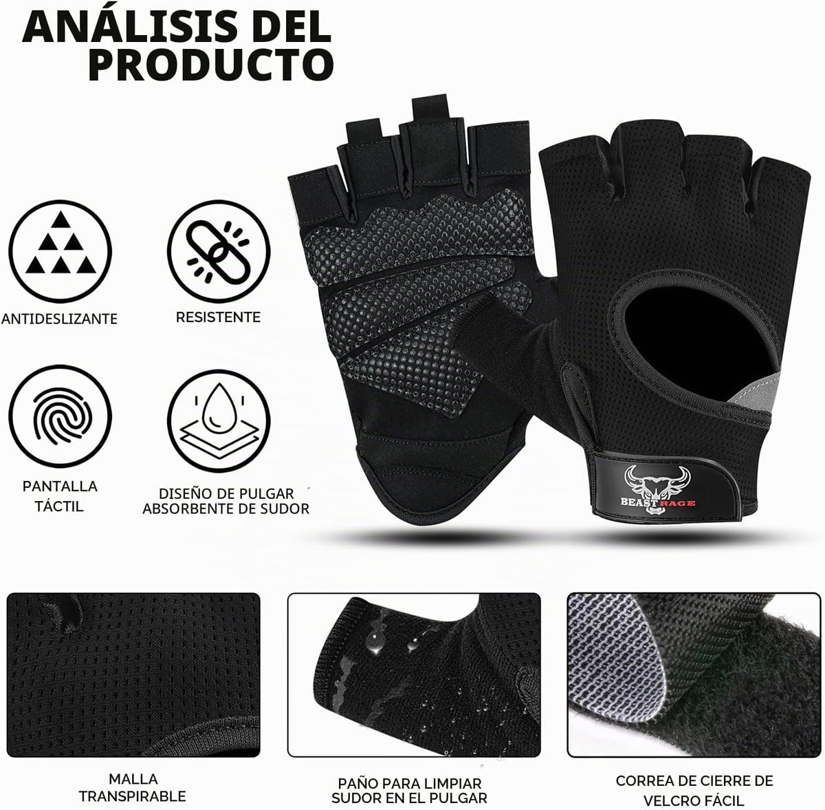 BEAST RAGE Guantes sin dedos para levantamiento de pesas con acolch...