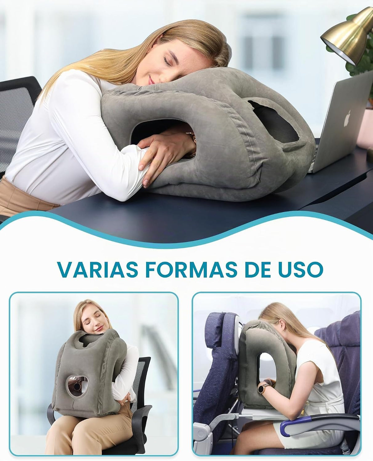 JefDiee Almohada inflable de viaje, almohada de cuello de avión que...