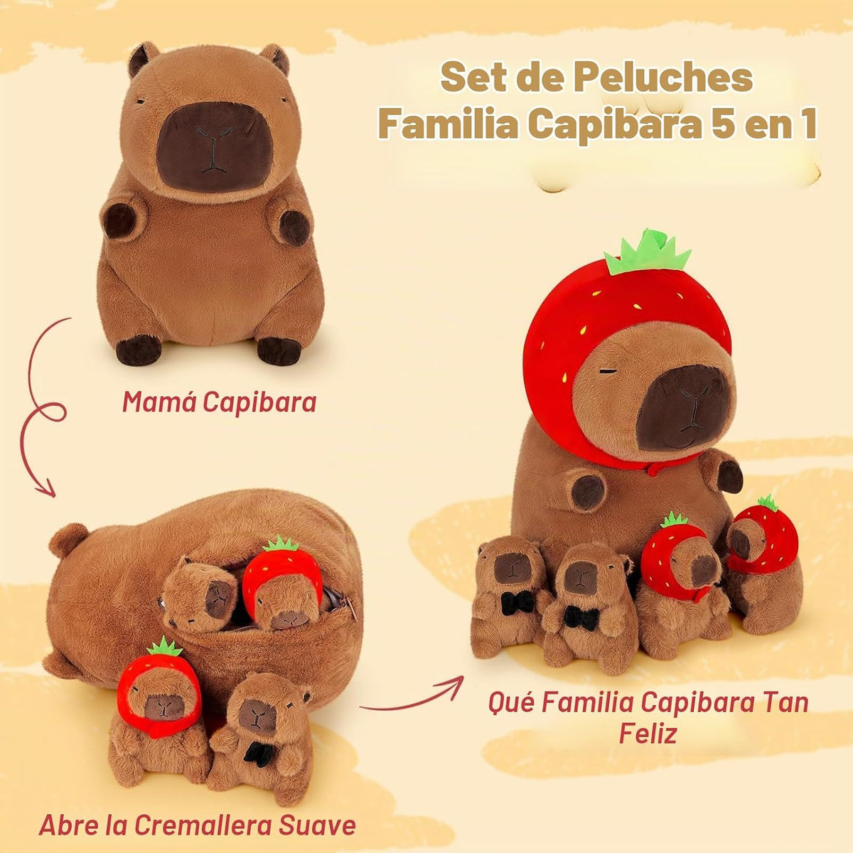 Achwishap Capybara - Juego de 5 peluches de Capybara con mamá y 4 b...