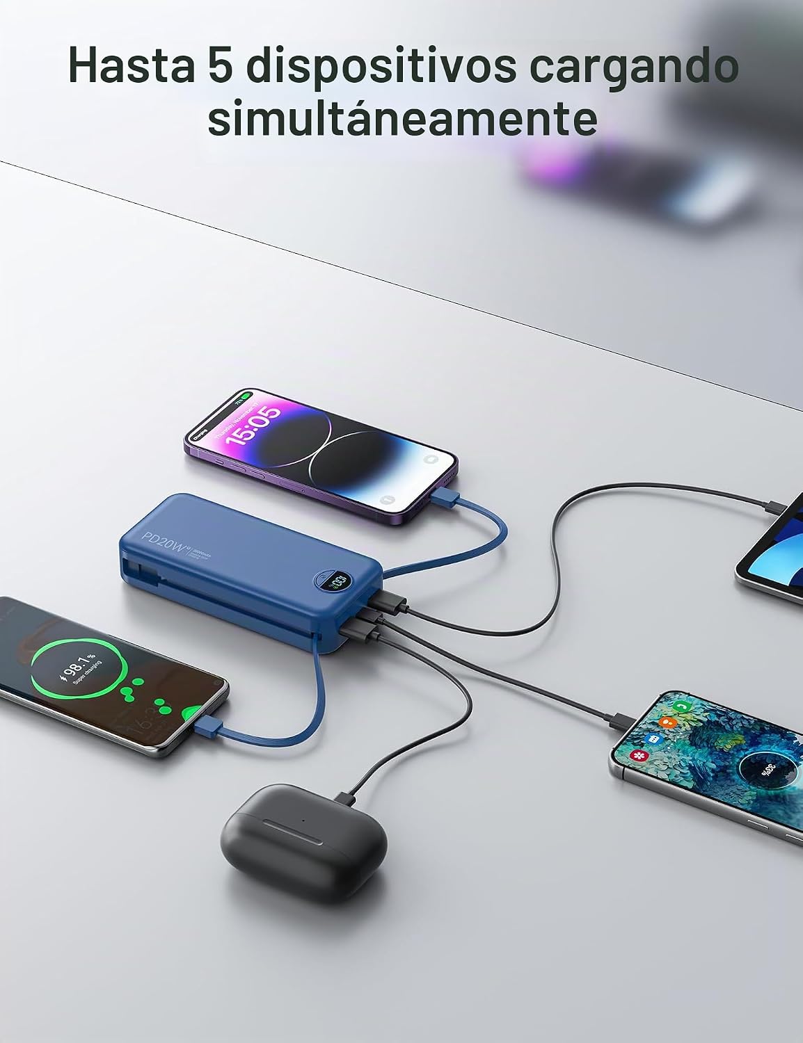Cargador portátil Power Bank 20000mAh con cables integrados y enchu...