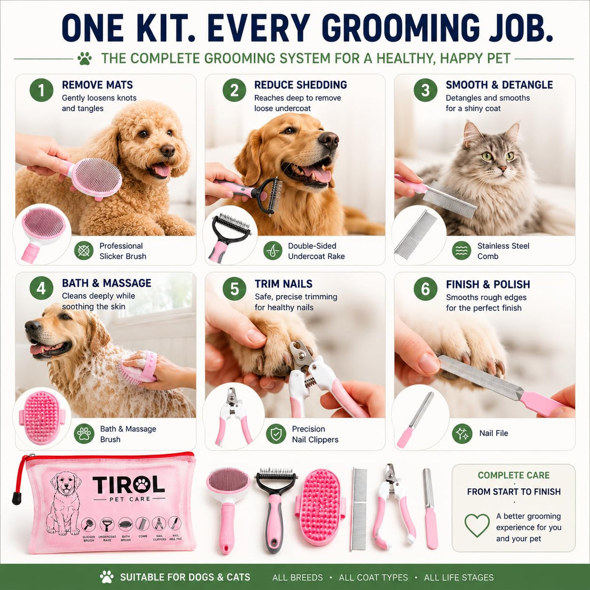 TIROL Pet Care - Kit de aseo 6 en 1 para perros y gatos, rastrillo...