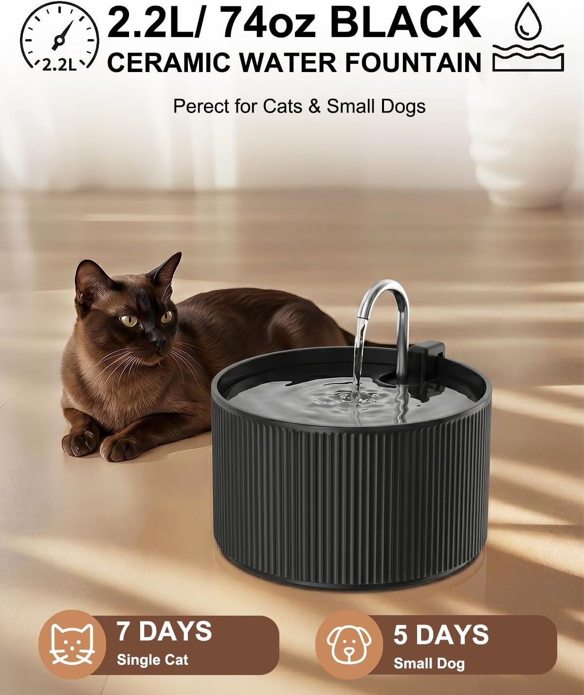 Fuente de agua de cerámica para gatos, 2.2L\/74 onzas, fuente autom...