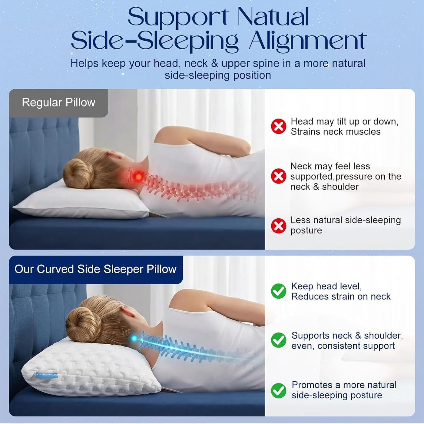 Almohadas para dormir de lado para comodidad de cuello y hombros, d...