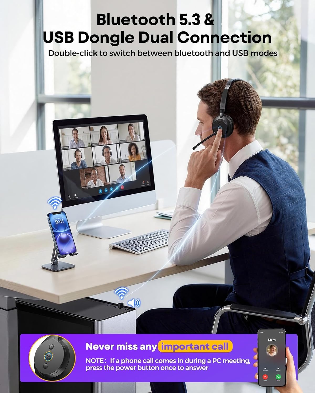 Acpanore Auriculares inalámbricos de un solo oído con Bluetooth y d...