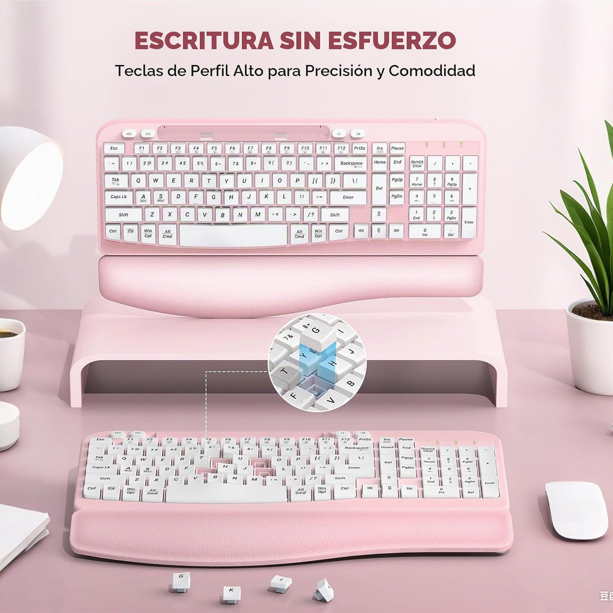 Teclado inalámbrico ergonómico con reposamuñecas acolchado, teclas...