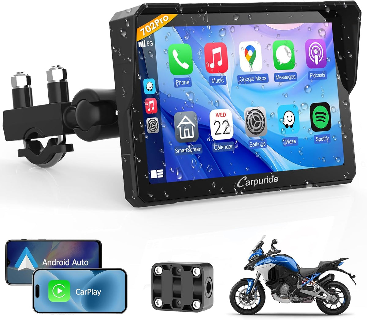 Carpuride W702PRO 7" para motocicleta CarPlay y Android Auto Du...