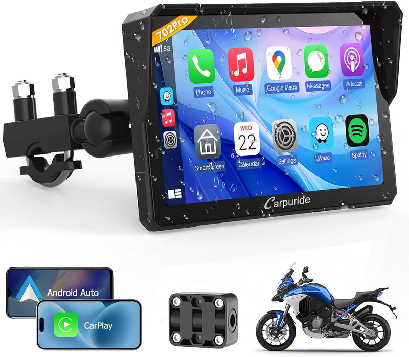 Carpuride W702PRO 7" para motocicleta CarPlay y Android Auto Du...
