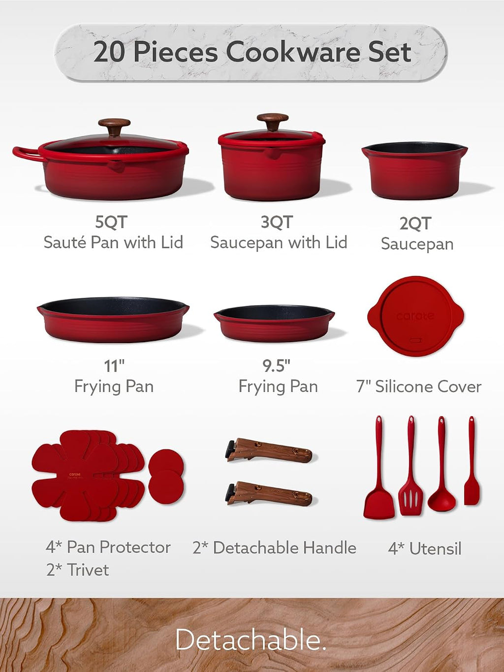 CAROTE - Juego de 20 utensilios de cocina de titanio, ollas y sarte...