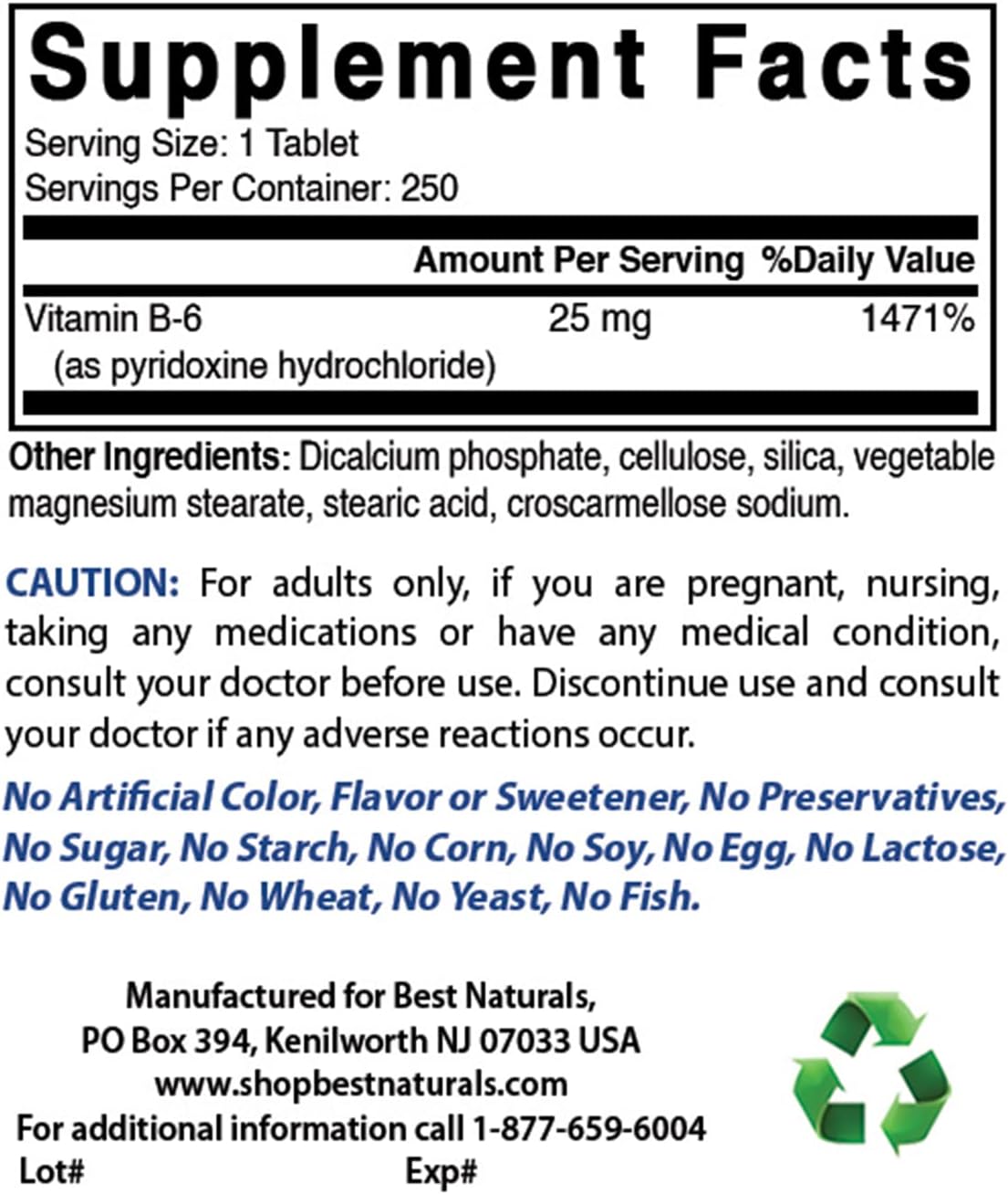 Best Naturals Vitamina B6 25 mg 250 tabletas (250 unidades (paquete...
