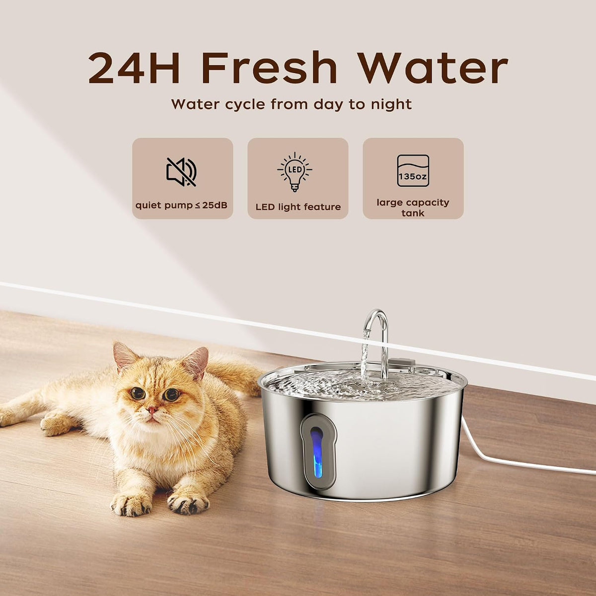 Fuente de agua grande para gatos de 4 litros\/135 onzas, acero inox...