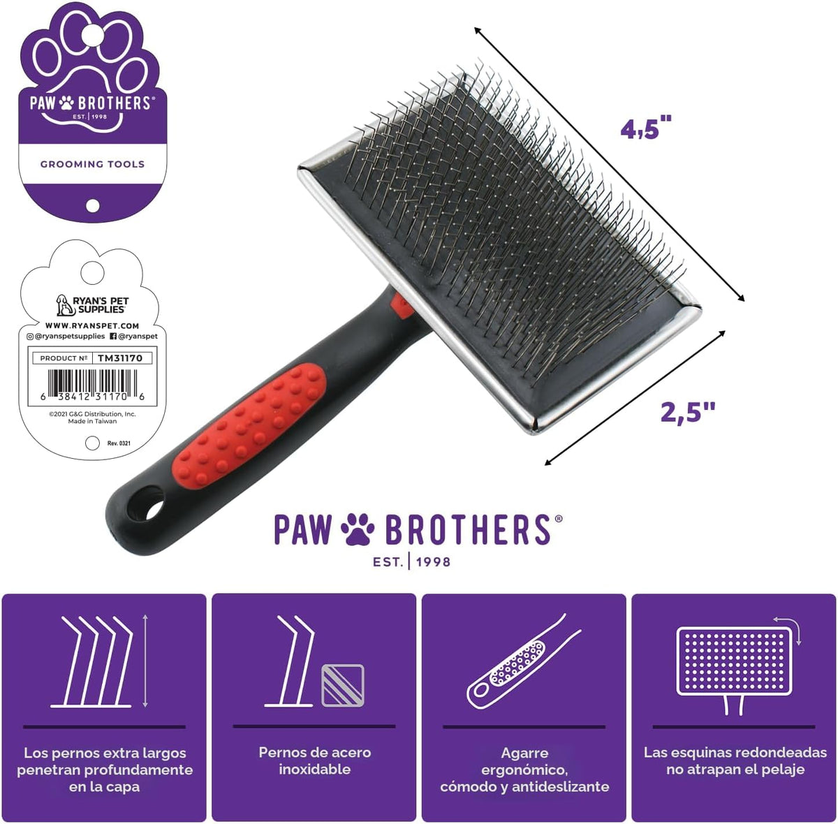 Paw Brothers Cepillo de grado profesional extra largo \u2013 Mango...