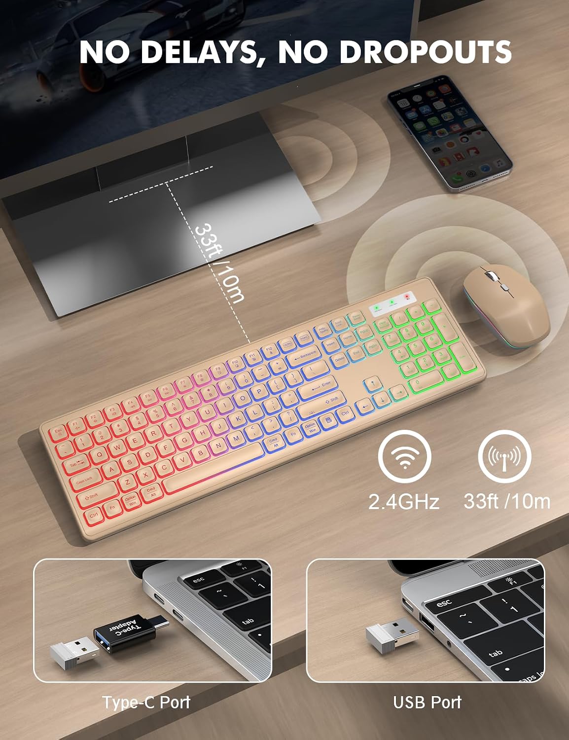 Combo de teclado y mouse inalámbricos con retroiluminación RGB, rec...