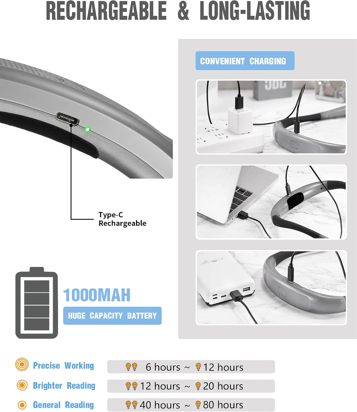 Glocusent Luz de libro recargable USB para leer en la cama, luz de...