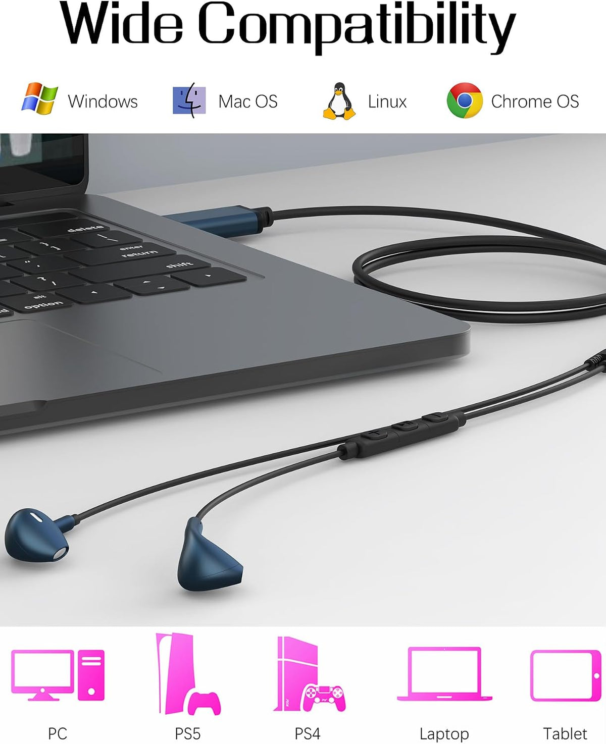 SOLMIMI Auriculares USB con micrófono + cable de extensión USB, aur...