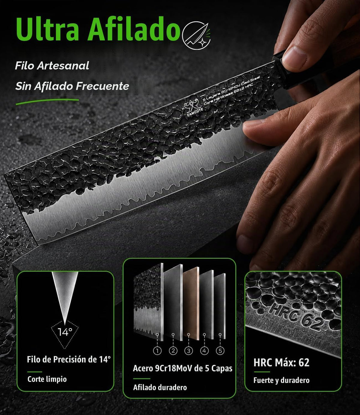 FAMCÜTE Cuchillo japonés Nakiri de 7 pulgadas, cuchillo de cocina d...